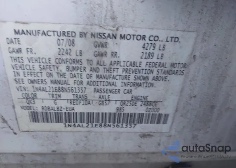 2008 Nissan Altima 2.5 S z USA, uszkodzony, nr VIN 1N4AL21E88N561357